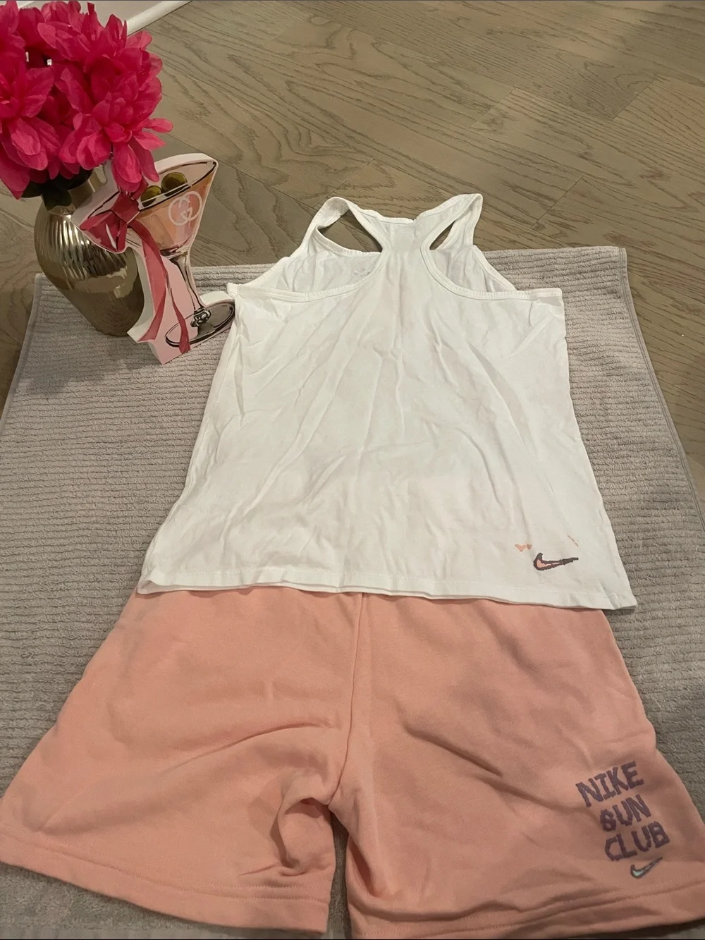 Nike White Tank with Pink Shorts and Mint Drawstring